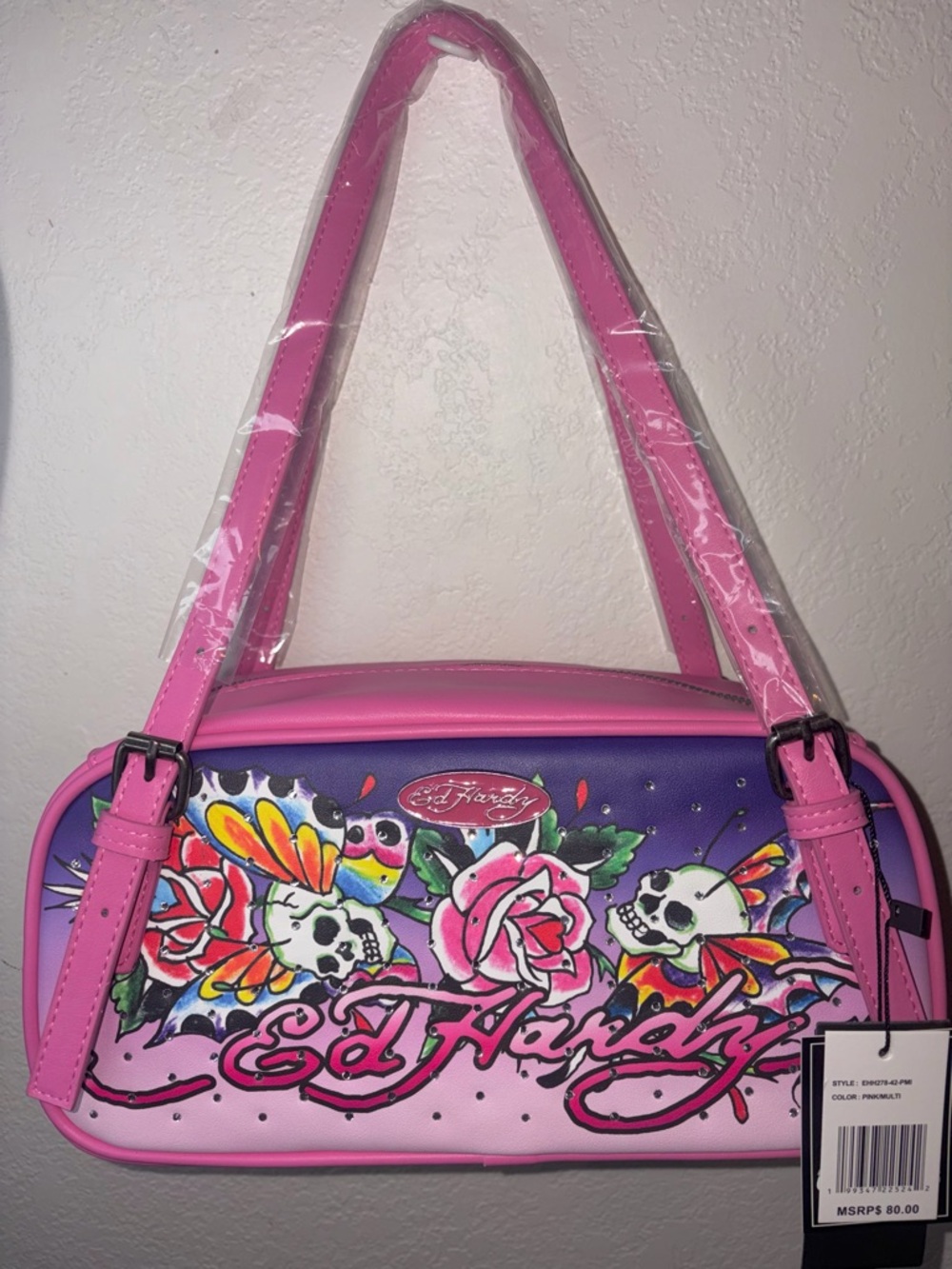 Ed Hardy Pink Satchel Bag Adjustable Straps Skull Flowers Rhinestone Y2K NWT $80 - Picture 9 of 10